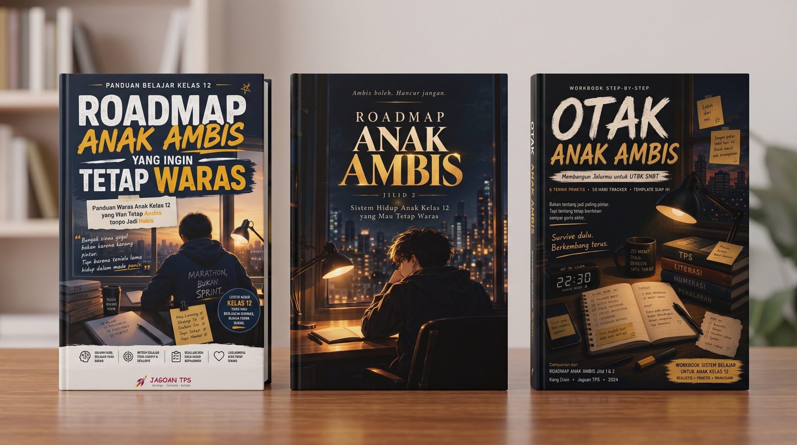 Mockup 3D Trilogi Anak Ambis — Roadmap Jilid 1, Roadmap Jilid 2, dan workbook Otak Anak Ambis